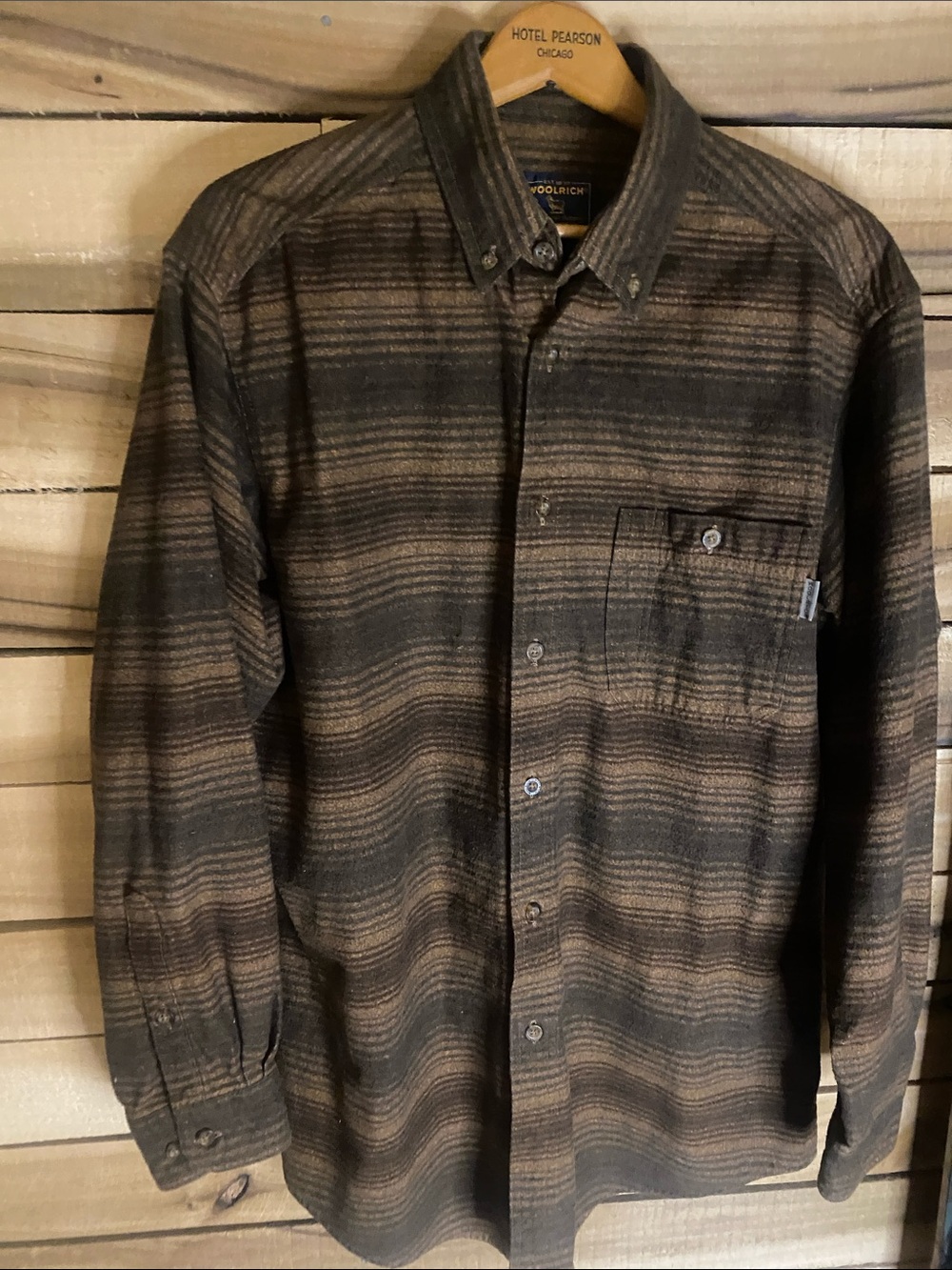 Woolrich Brown & tan Striped Button-Down thick flannel Shirt Large cotton